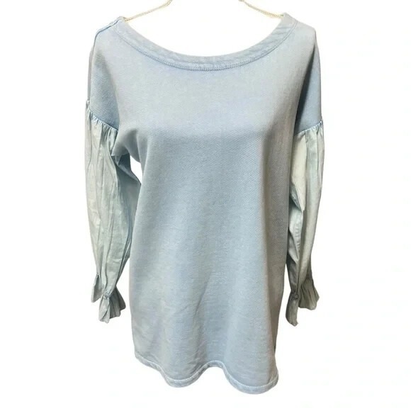 Anthropologie Pilcro Mixed-Media Pullover Top Ruffle Cuff Blue Size Small NWT - Picture 10 of 16